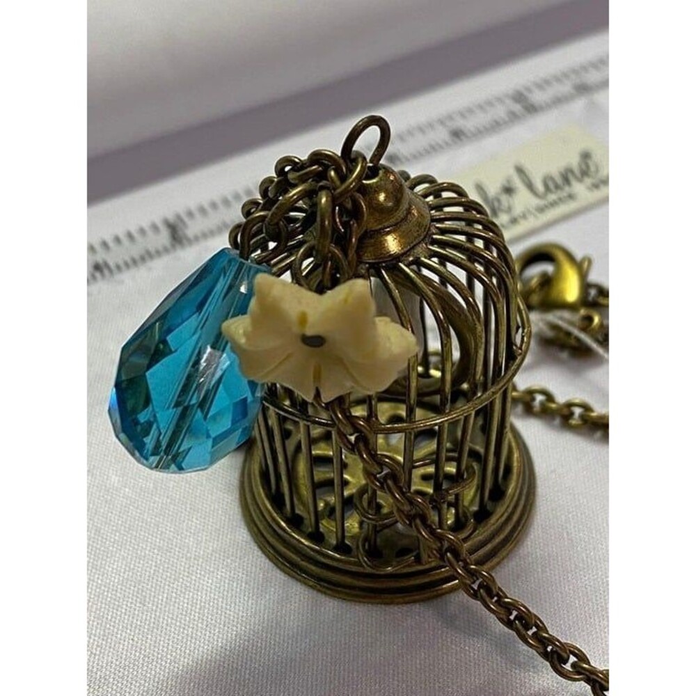 Parklane Birdcage Necklace 30" Long with Turquoise Blue Crystal and White Flower